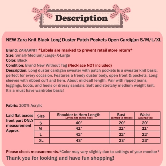 ZARAKNIT Black Long Duster Sweater Open Cardigan - Picture 8 of 8